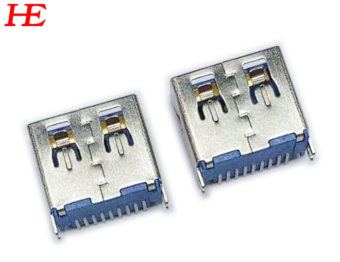USB 3.0 A/F 直立式 SMT H11.55 蓝LCP 铜壳镀镍50u无卷边 针长0.6