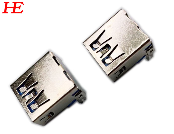 USB 3.0 A/F 沉板DIP H=4.46 无卷边前贴后插 蓝LCP 铜壳镀镍 半金G/F 卷装