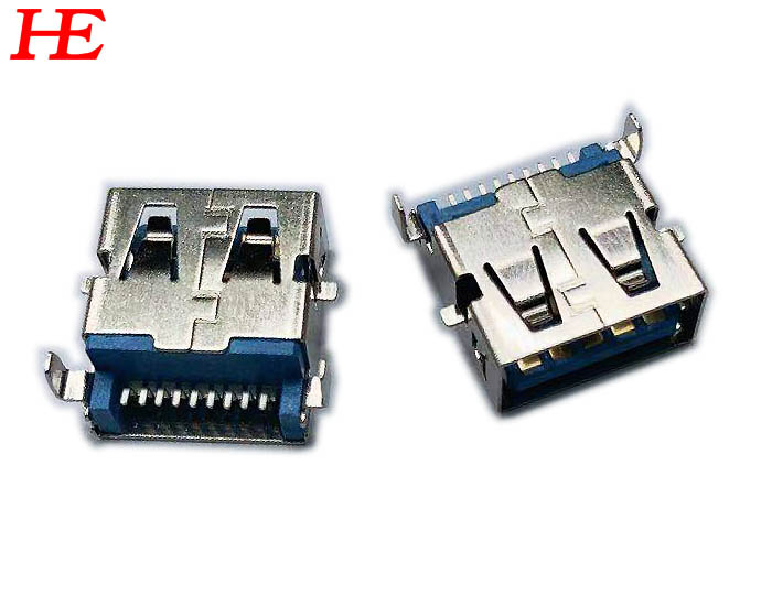 USB3.0 A/F 沉板SMT H=3.5 蓝胶芯/ 脚距6.95 铜壳脚前贴后插（方脚）