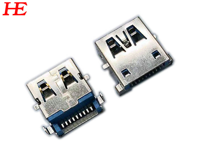 USB3.0 A/F 沉板SMT H=3.5 蓝胶芯/ 脚距6.95 铜壳脚前贴后插（方脚）